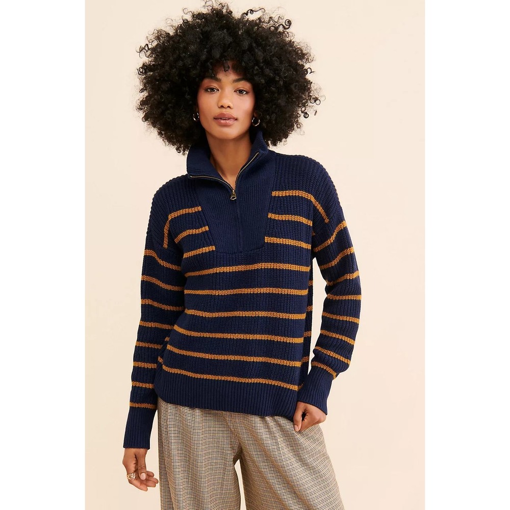 Faherty Mariner Striped Sweater Navy Gold Quarter Zip Organic Cotton Wool Small
